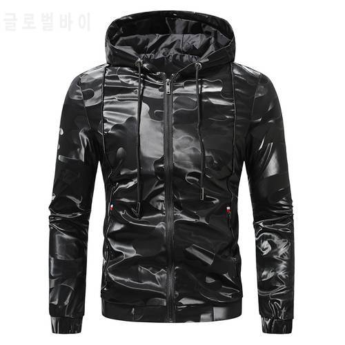 Brand men&39s spring autumn camouflage printed faux leather jacket/fashion casual hooded handsome motorcycle jacket/men&39s clothing