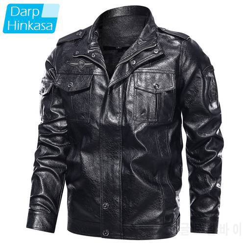DARPHINKASA New MenCasual Motorcycle PU Leather Jacket Men Fashion Leather Coat Retro Warm Leather Jacket Men Brand Clothing 5XL