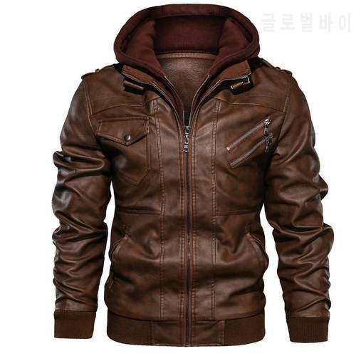 Men&39s Motorcycle Leather Jacket Casual Removable Hood PU Leather Jacket Military Oblique Zipper Faux Pilot Bomber Coat Euro Size