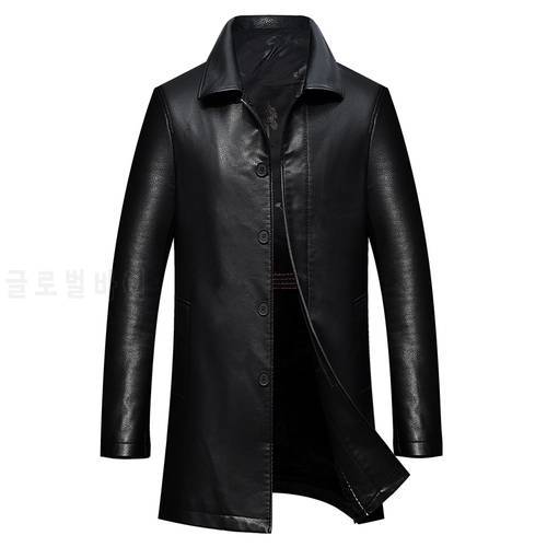 2022 autumn and winter new men&39s mid-length leather jacket / business casual lapel plus velvet warm men&39s leather trench coat