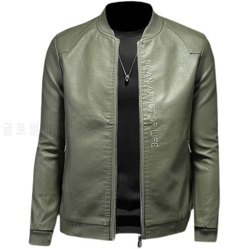 Autumn and winter men&39s baseball collar slim short handsome motorcycle leather jacket / boutique leather jacket green PU coat