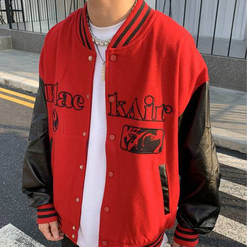 Retro American baseball uniform street men jacket stitching leather sleeves loose Harajuku style couple campus unisex clothes