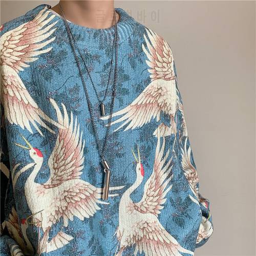 VIANKANI Winter Men&39s Crane Cashmere Printed High Quality Loose Casual Pullover 2021 Hot Street Fashion Clothing M-2XL