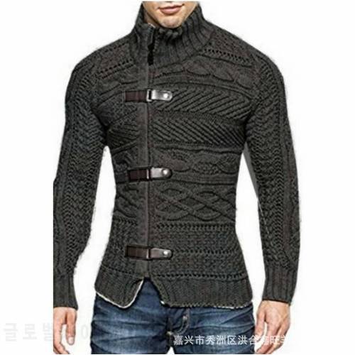 2021 spring and autumn new type foreign trade men&39s high collar 3-leather buckle long sleeve T-shirt sweater male