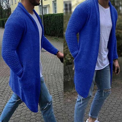Hot selling fashion men&39s solid color long cardigan knitted sweater coat loose slim pocket lapel long large size cardigan retail