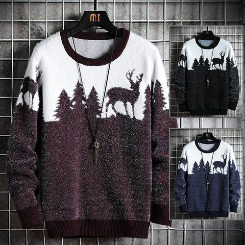 Autumn Winter Mens Knitted Animal Sweater Casual Christmas Tree Deer Pullover Vintage Slim Fit Sweaters Male Clothes Top