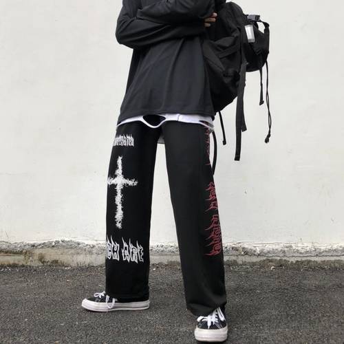 Goth Pants New Men Japanese Streetwear Straight Casual Pants Male Harajuku High Street Wide Leg Graffiti Punk Hip Hop Trousers