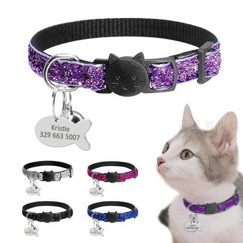 Personalized Quick Release Kitten Cat ID Collar Bling Sequins Puppy Dog Collars Engraved Tag Set With Bell For Small Dogs Cats