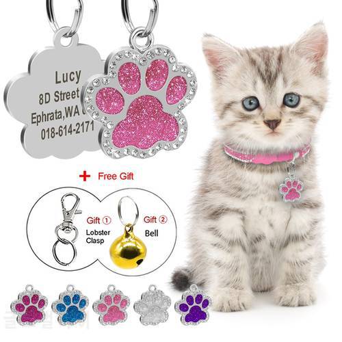 Glitter Cat ID Tag Pendant Personalized Kitten Puppy Name Tags Paw Shape Anti-lost Pet Nameplate Bling Rhinestone Free Gift Bell