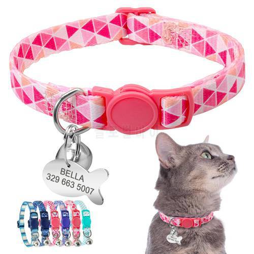 Cat Collar Personalized Quick Release Safety Kitten Collar Breakaway Necklace Customized Fish ID Tag Name With Bell