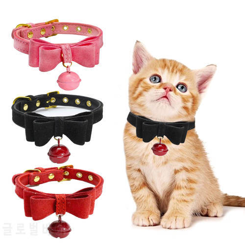 Bowknot Cat Collar PU Leather Bells Necklace Adjustable Small Dog Puppy Kitten Collars Pet Accessories