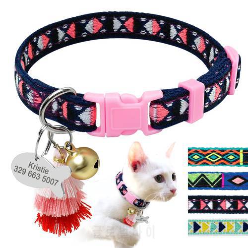 Personalized Cat Collar With Bell Customized Kitten Collars Necklace Bohemian Style Free Engraving Fish ID Tag Nameplate