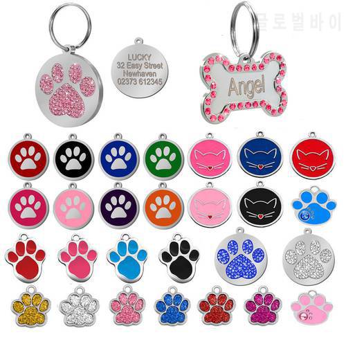 Dog Tag Engraved Custom Pet Dog Collar Accessories Personalized Cat Puppy ID Tag Stainless Steel Bone Paw Name Tags Anti-lost