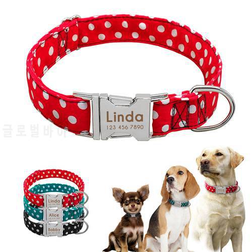 Personalized Nylon Puppy Dog Collar Adjustable Pet ID Tag Free Engraving Collars Tags For Small Medium Large Dogs Dot Pattern