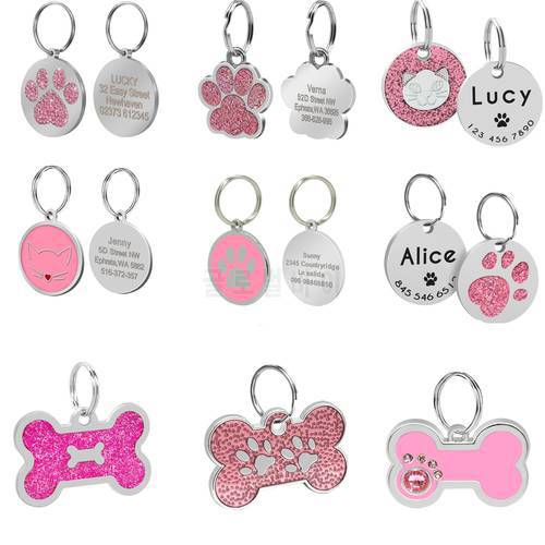 Custom Dog Tag Dogs Pets Accessories Personalized Puppy Dog Cat Name ID Tags Engraved For Small Dogs Cats Bone Paw Pink Pet Shop