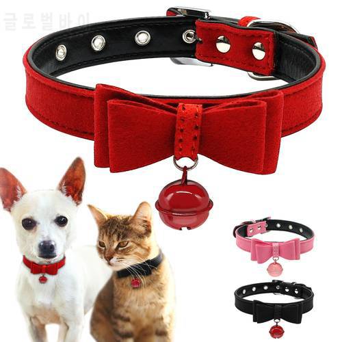 Bowknot Cat Dog Collar Leather Adjustable Bell Collars Kitten Puppy Pet Collars Pet Accessories Red Pink Black XXS XS S M