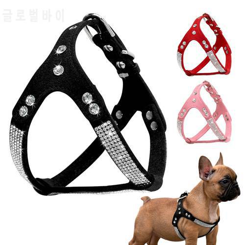 Rhinestone Puppy Harness Suede Leather Small Dogs Harness Bling Crystal Cat Dog Vest Adjustable For Chihuahua French Bulldog