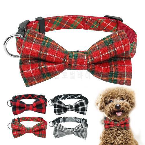 Fashion Plaid Dog Collar With Bowtie Puppy Adjustable Bowknot Collars For Small Medium Dogs Cats Chihuahua Christmas Gift