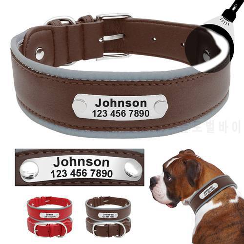 Personalized Leather Dog Collar Reflective Pet Nameplate Collars Custom Dogs Necklace Adjustable For Medium Large Dogs Pitbull