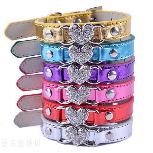 New Fashion Dog Collars Small Dogs Bling Rhinestones Heart Leather Pet Collar Necklace Puppy Accessories Dog Supplies