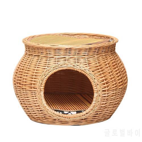 manual Rattan Cat House Natural wicker weaving cat nest cat accessories Durable green with Thick mat for big pet