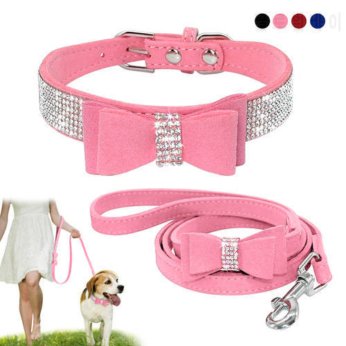 Rhinestone Bling Leather Dog Cat Collar & Leash Set Crystal Diamonds Studded Cute Bowknot Puppy Small Dogs Collar Puppy Leash