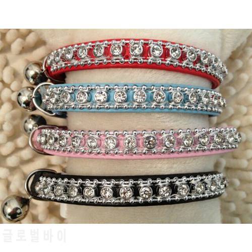 Free shipping pet cat dog puppy collar leather sparkling rhinestones Bling crystal Cat Collar with Safety Elastic Belt & Bell