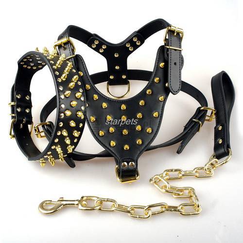 Cool Spiked Studded Leather Dog Harness Rivets Collar and Leash Set For Medium Large Dogs Pitbull Bulldog Bull Terrier 26
