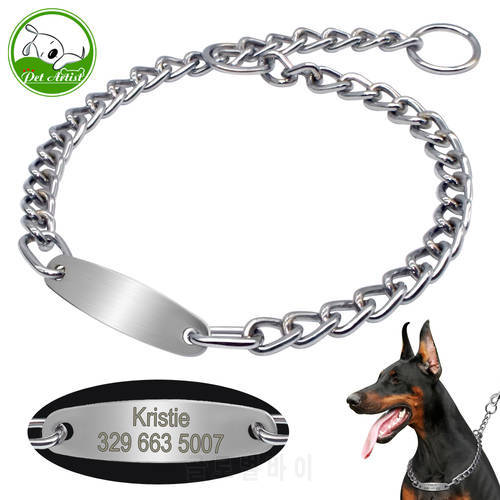 Large Dog Collar Chain Choke Personalized Pet Collars Silver Dogs Pitbull Training Slip Choker Free Engraving Tag Nameplate