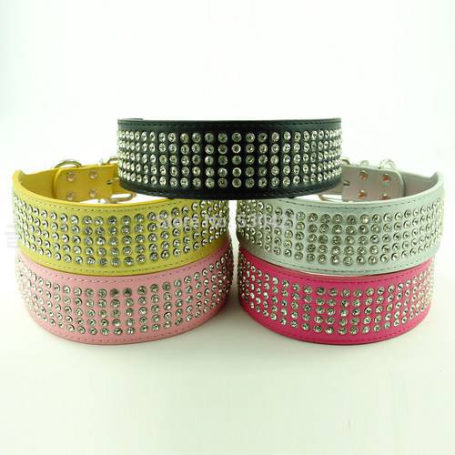 (20 Pieces/lot) New Arrival Fashion Leather 2inch 5 Rows Bling Diamond Dog Pet Collar PitBull