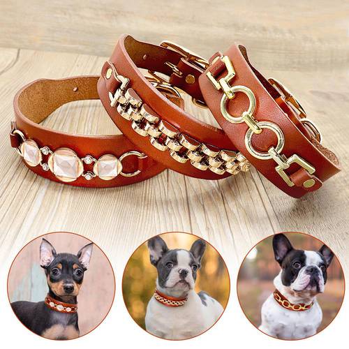 Real Leather Dog Collar Durable Dogs Collars Bling Rhinestone Cool Metal Dog Accessories for Small Medium Dogs