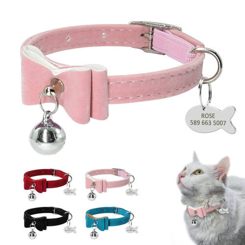 Cat Collar With Bell Personalized Kitten Puppy ID Tag Bowknot Collar Customized Cat Dog Collars Name Pink Blue Free Engraving