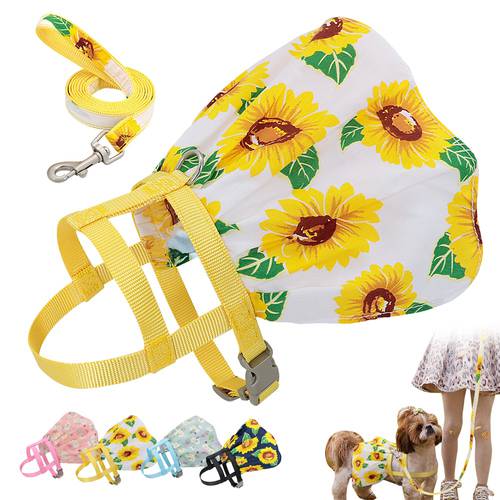Nylon Puppy Dog Harness With Leash Pretty Flower Print Dogs Dress Clothes Special Pet Cat Harness Dresses For Cats Small Dogs