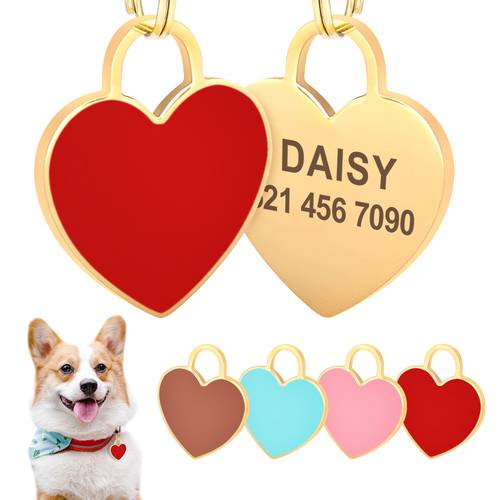 Heart Shape Dog ID Tag Personalized Dogs Cats Nameplate Tags Anti-lost Name Plate Free Engraving Dog Accessories Pink