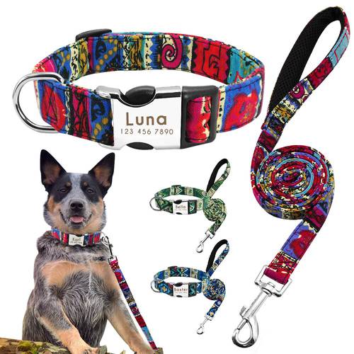 Personalized Nylon Dog Collar And Leash Set Custom Printed Dogs ID Collars Pet Leash Rope For Small Large Dogs Free Engraving