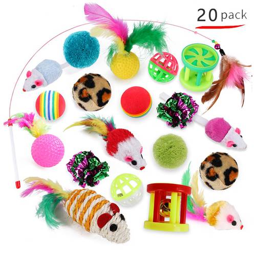 20pcs/set Pet Toys Set Funny Cat Sticks Mouse Shape Creative Toys Bell Ball Feather Interactive Toys for Kitten Pets Accessories