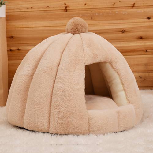 Winter Warm Soft Comfortable Cat Nest Cute Velvet Kitten Cushion Puppy Cozy Sleeping Kennel Dog Bed Supplies Pet Mat Tent Khaki