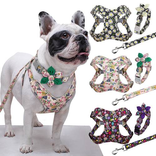 3pcs Dog Collar Harness Leash Set Nylon Dogs Vest Harnesses Flower Print Pet Collar with Lead Leashes With Flower Accessories