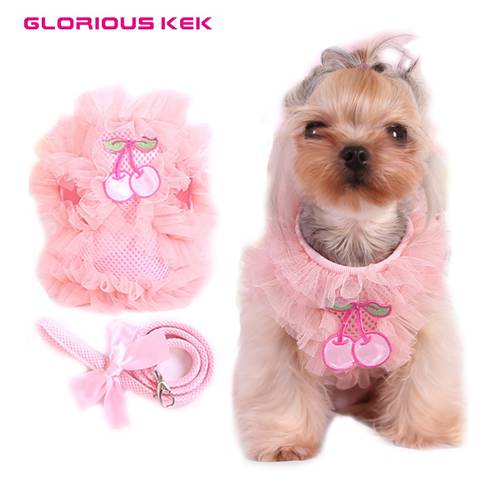 GLORIOUS KEK Small Dog Harness and Leash Set Cute Cherry Soft Mesh Harness for Small Dogs Chihuahua Yorkie Walking Lead with Bow