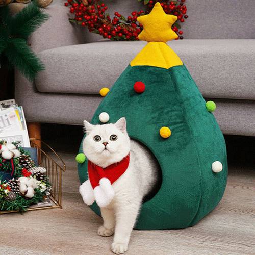 Pet Cat Dog House Christmas Dog Cat Bed Cave Warm Sleeping Bed Christmas Tree Shape Winter Warm Bed Cat Dog Cave Tent Pet Gift