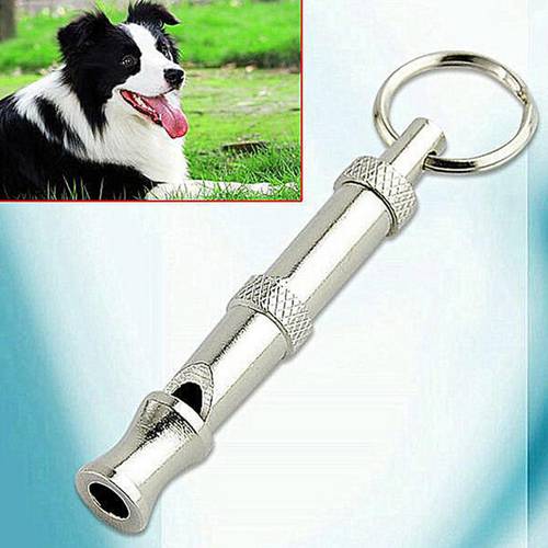 1 Pet Training Adjustable Ultrasonic Supersonic Wave Flute Whistle With Keychain Silver