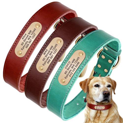 Real Leather Dog Collar Personalized Pet ID Collars Custom Engraved Tag for Small Large Dogs Pitbull German Shepherd XXS-XL