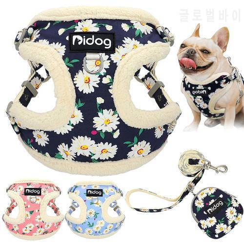 Winter Dog Harness Warm Padded Pet Vest Harness With Lead Leash Snack Bag Soft Wool Lining Dogs Vests Flower Printed Pitbull