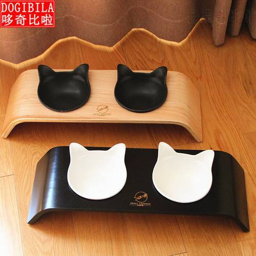 Pet bowl holder, cat bowl, double bowl, dining table, curved wood technology and ceramic cat ear bowl, inclined cat bowl