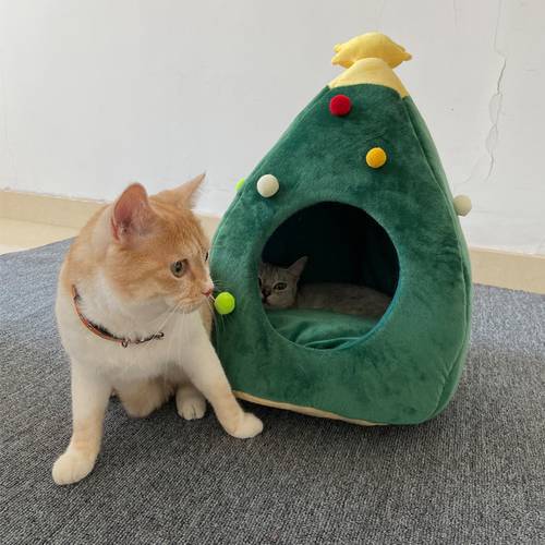 Cat Bed Christmas Tree Covered Cave Washable Pet Cats Deep Sleeping Sofa with Removable Cushion for Small Dogs Cats Puppies