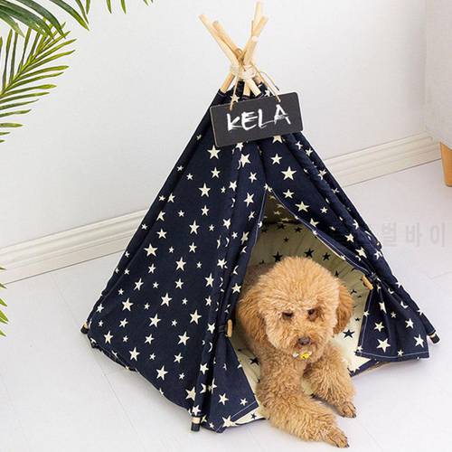 Portable Teepee Star Pattern Pet Tent House Pet Cat Dog Tent Foldable Dog House Nest Bed Dog Cages Kennels House with Cushion