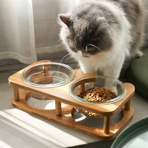 Fashion Glass Cat Bowl Cat Food Bowl Dog Feededer Drinking Bowls Double Bowls Protect Cervical Spine Glass Pet Suppliesl