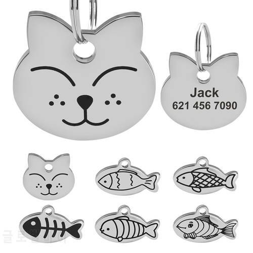 Stainless Steel Personalized Cat Tag Custom Cats Kitten ID Tag Engraved Cat Collar Pendant Necklace Pet Accessories Fish Shape