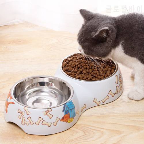 Stainless Steel Pets Drinking Dish Feeder Cute Cat Dog Double Bowl Puppy Food Water Feeder Pets Supplies Feeding Disher