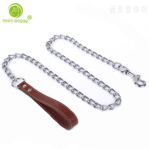 Anti-Bite Stainless Steel Pet Chain Dog Leash Heavy and Duty Dog Daily Training Leash Leather Handle Pet Traction Rope 120/180cm